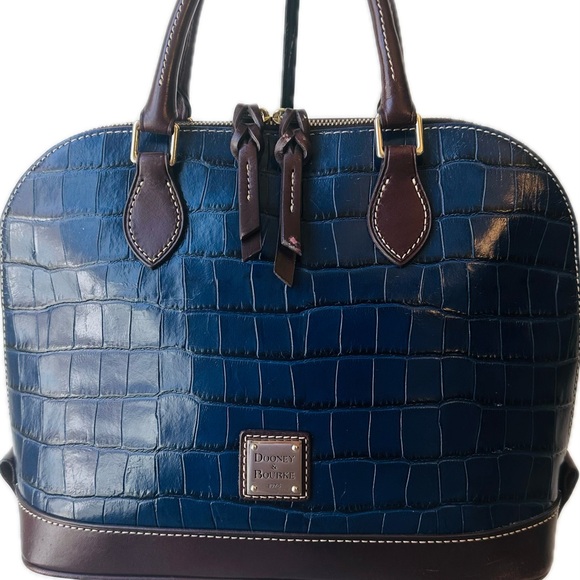 Dooney & Bourke Handbags - Dooney & Bourke Midnight Blue Croc “Zip-Zip”Embossed Satchel with Brown Trim